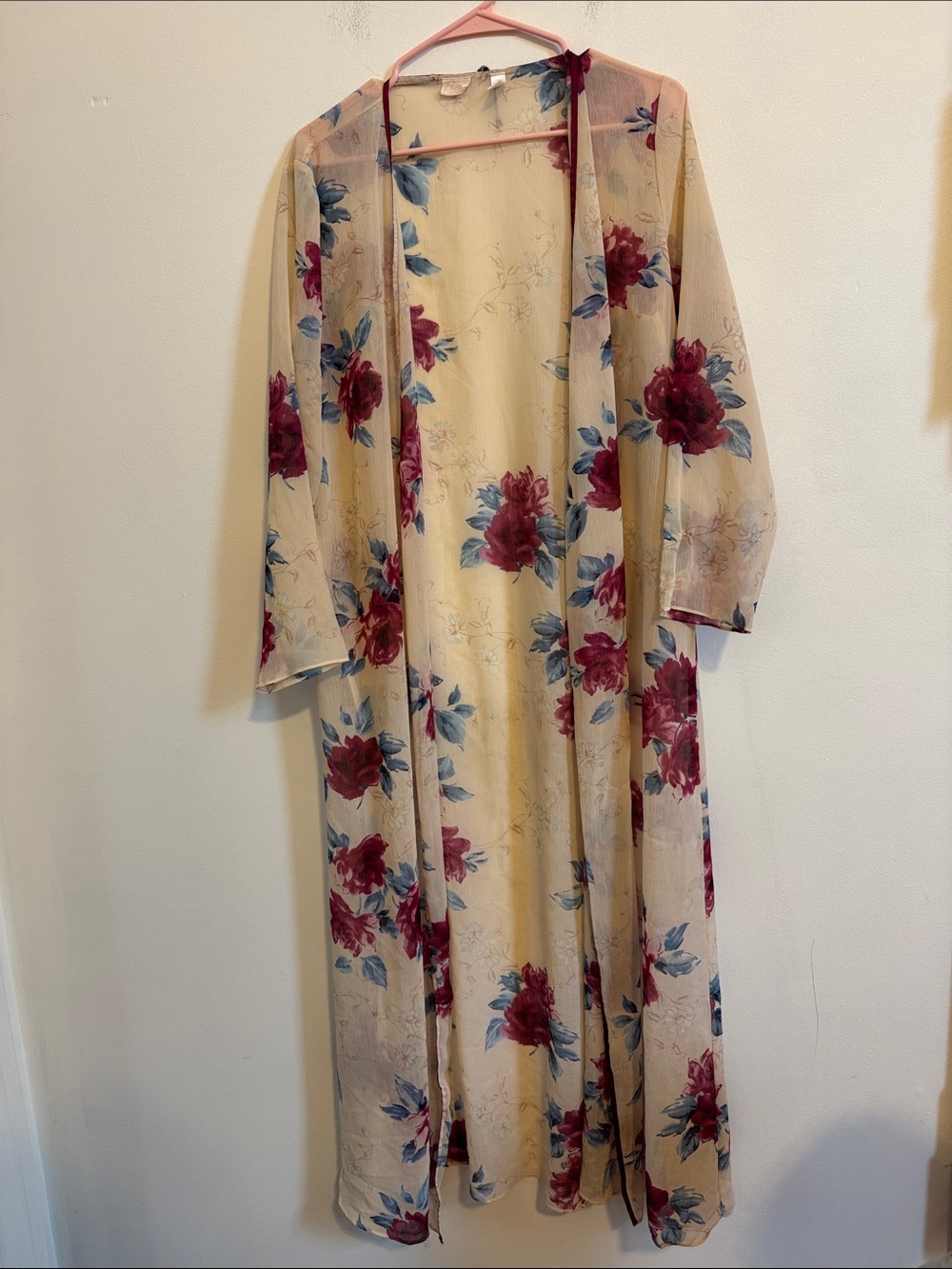 Sheer Floral Kimono Robe in Beige with Burgundy & Blue